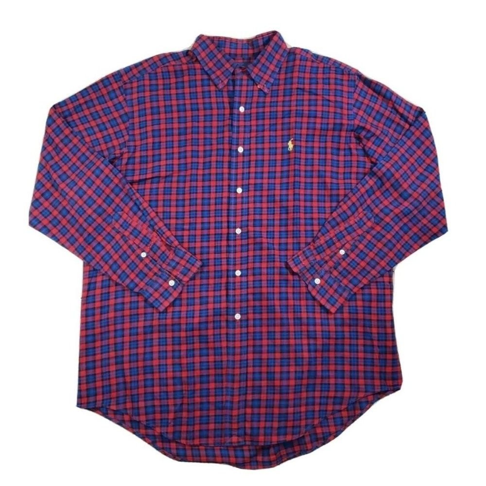 Men's Ralph Lauren Classic Fit Red Blue Plaid Button Down Shirt L Long Sleeve